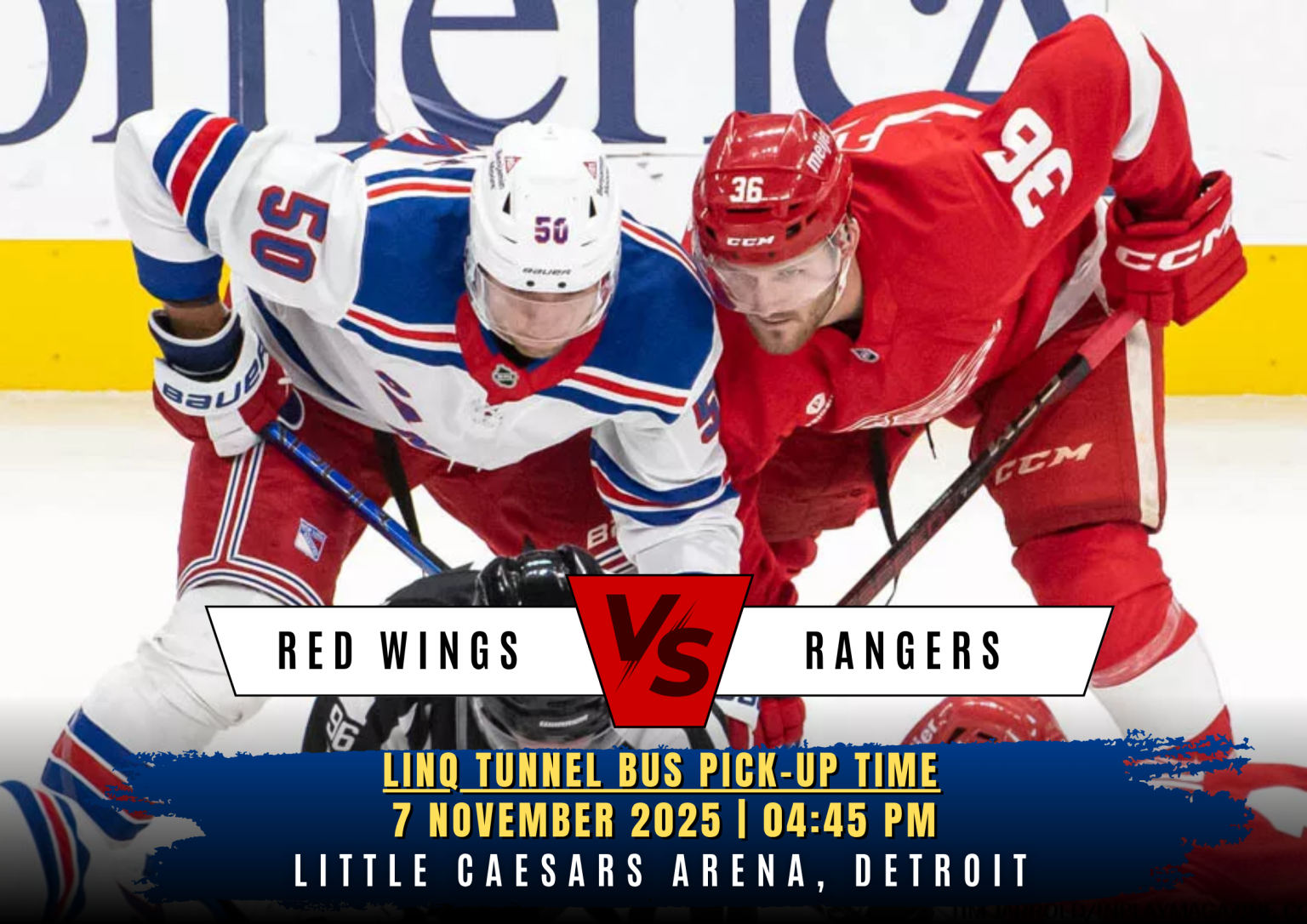 Original Six Showdown: Red Wings vs Rangers Friday, November 7 at Little Caesars Arena, Detroit – Special Events Bus Departs 4:45pm
