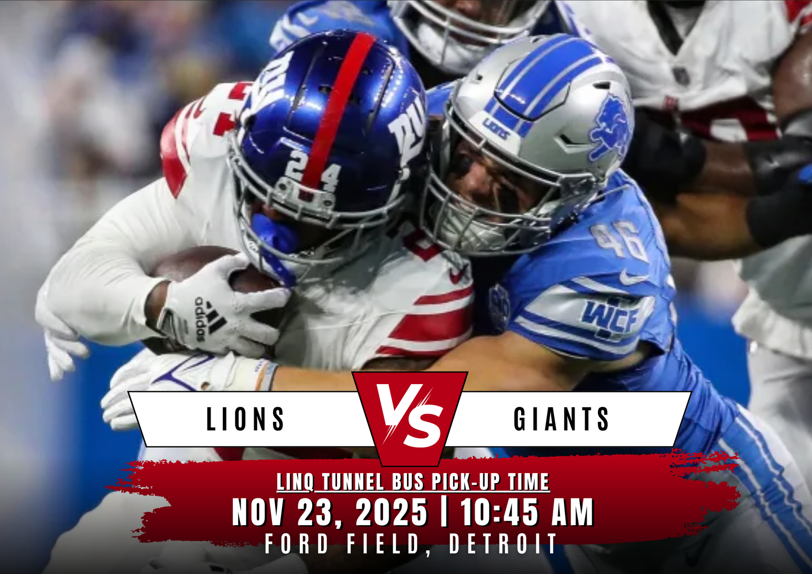 Sunday Afternoon Showdown: Lions vs Giants Sunday, November 23 at Ford Field, Detroit – Special Events Bus Departs 10:45am