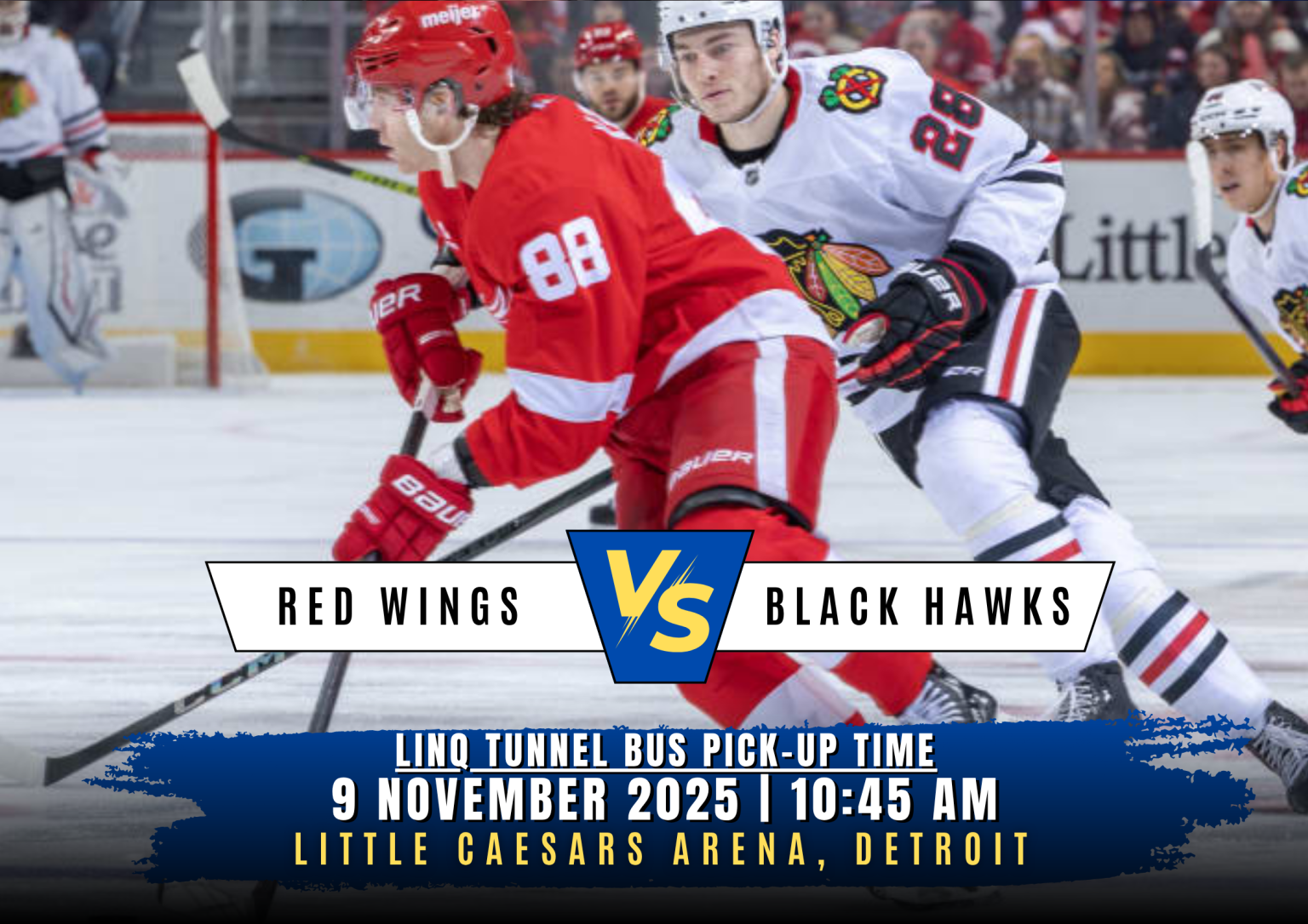 Rivalry Renewed: Red Wings vs Blackhawks Sunday, November 9 at Little Caesars Arena, Detroit – Special Events Bus Departs 10:45am