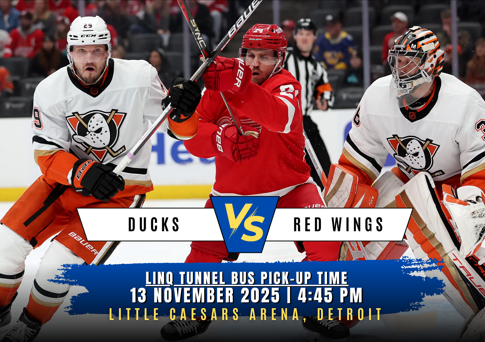 Thursday Night Hockey: Red Wings vs Ducks Thursday, November 13 at Little Caesars Arena, Detroit – Special Events Bus Departs 4:45pm