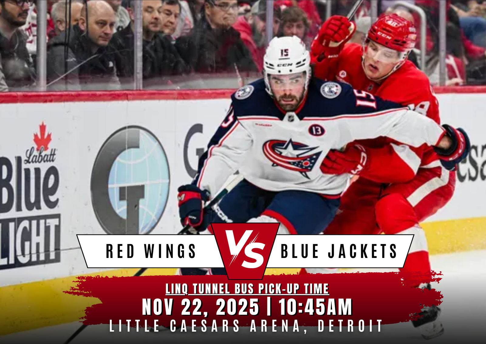 Sunday Matinee Showdown: Red Wings vs Blue Jackets Saturday, November 22 at Little Caesars Arena, Detroit – Special Events Bus Departs 10:45am